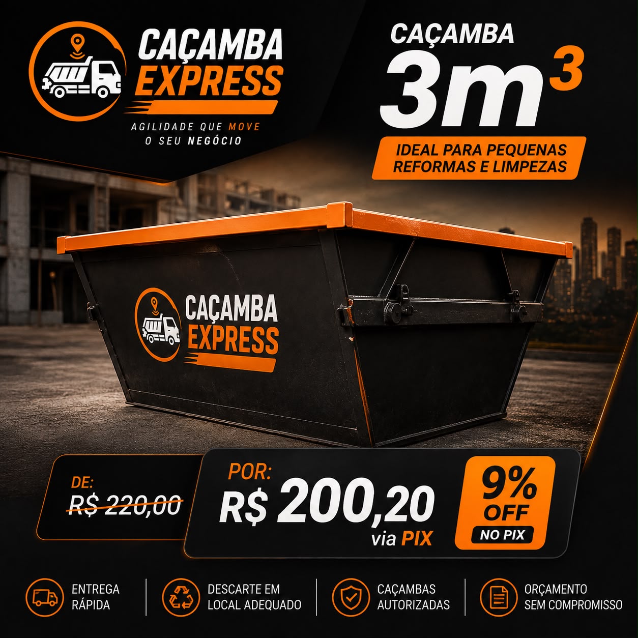 Caçamba Express de 3 metros cúbicos