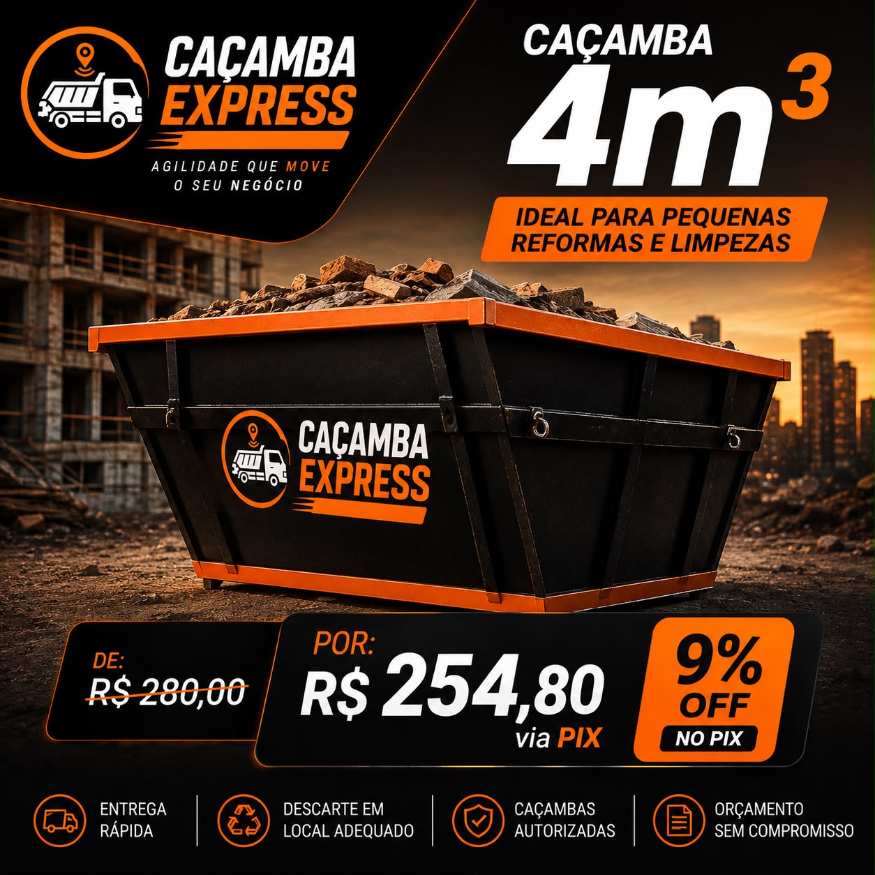 Caçamba Express de 4 metros cúbicos